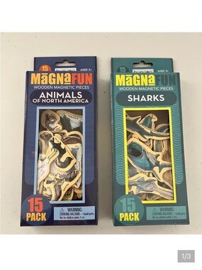 NWT MAGNAFUN Wooden Magnetics: Animals of North America & Sharks 30 wood magnets